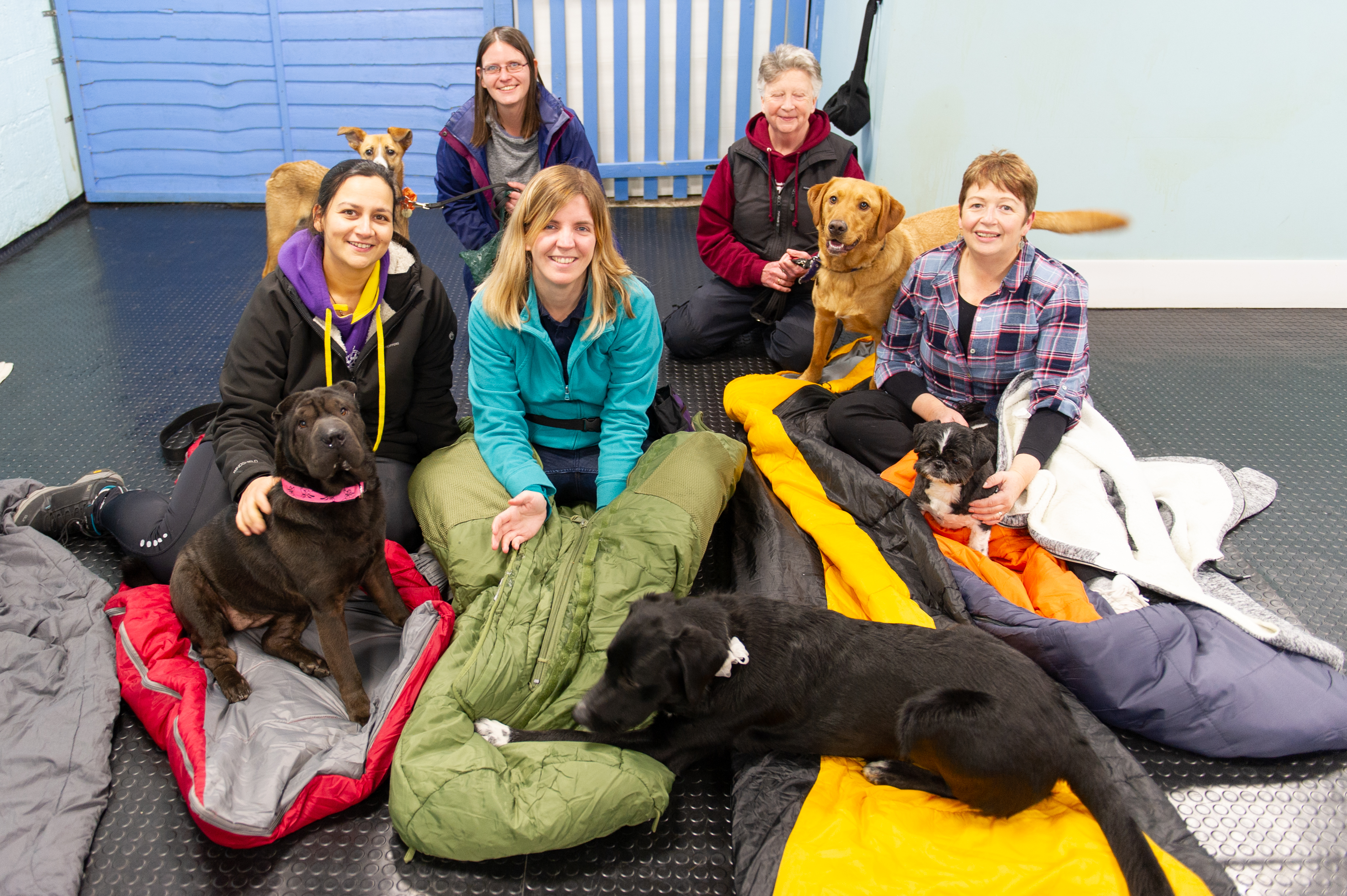 Five brave volunteers and their dogs bed down at Perth pet centre. From left: Aaren Chacko with Raisin, Claire Downie with Kipper, Elaine MacFarlane with Oran, Judy Heyes with Reiver and Jan Stewart with Jasmine.