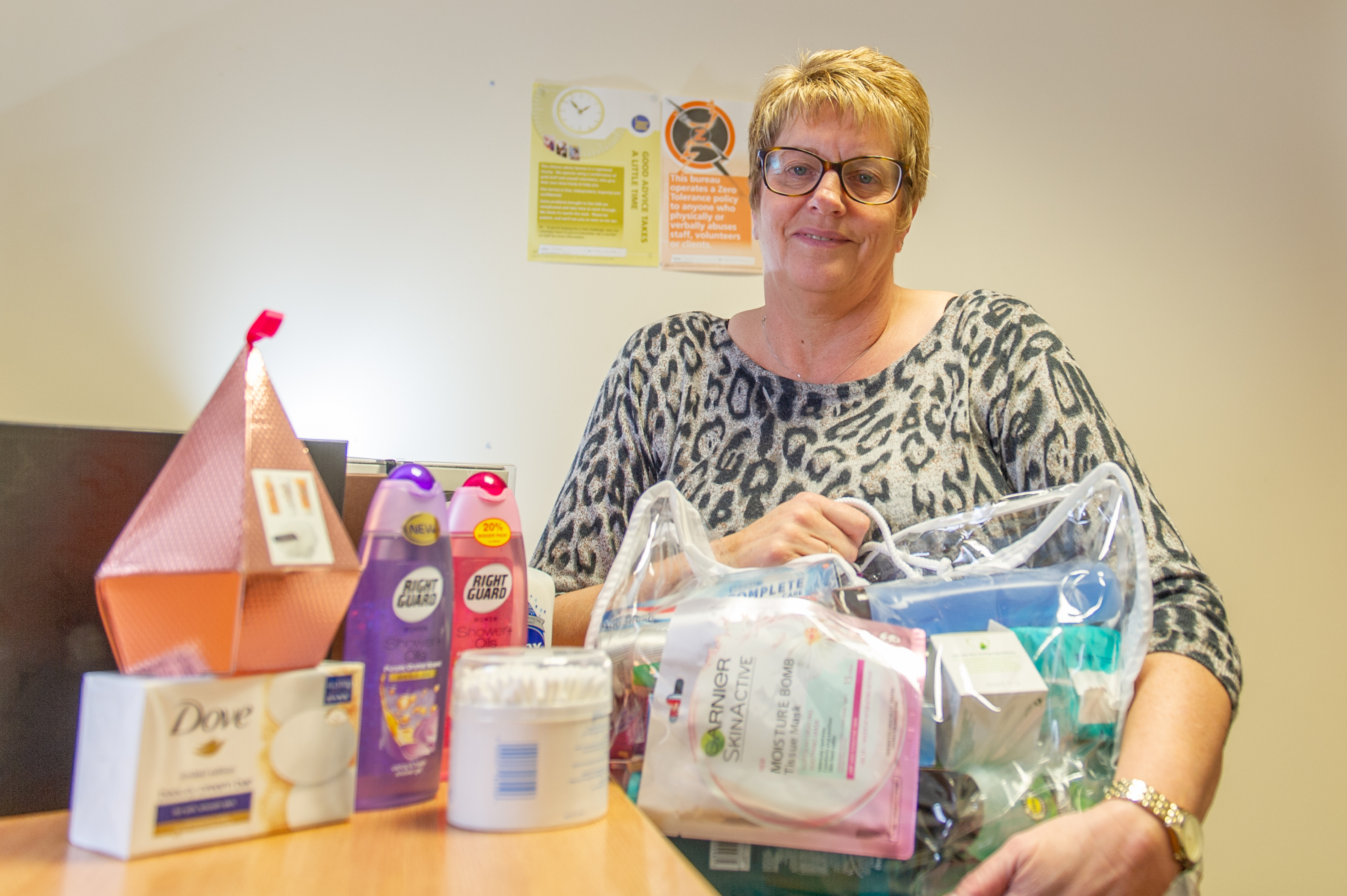 Gillian Davidson at the Forfar CAB office with some of the toiletries already donated.