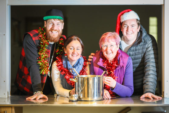 Courier/Tele News, KJim Millar/Jon Brady story, CR0005206 . Masterchef: the Professionals contestant Dean Banks has volunteered to cook Christmas Dinner for up to 120 homeless people in Dundee. Pic shows; L/R, Colin Petrie (Hard Grind), Rachael McReady - Parish Nurse, Barbara MacFarlane and Dean Banks at the Steeple Church in Dundee. Thursday, 13th December, 2018. Kris Miller/DCT Media.