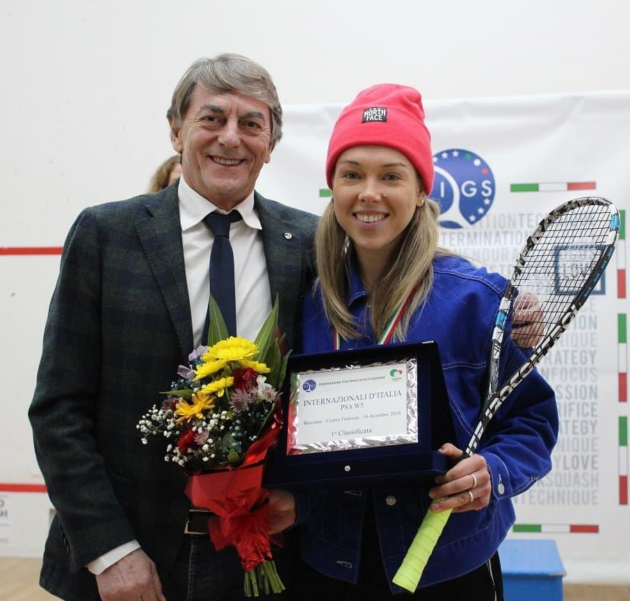 Lisa Aitken with Italian Squash President Piero Bartoletti after her win on Sunday.