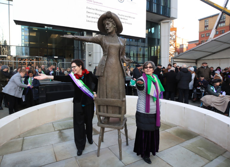 Sculptor Hazel Reeves (left) at the unveiling of her Emmeline Pankhurst statue, with Helen Pankhurst.