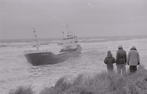 The coaster, Fendyke, aground in Carnoustie Bay.