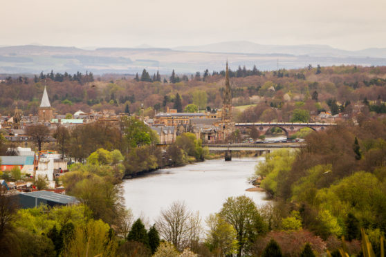 A view of the Perth bridges and city centre from Edinburgh Road.
