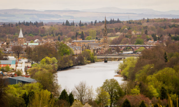 A view of the Perth bridges and city centre from Edinburgh Road.