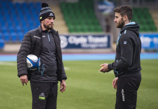 Mike Blair and Tommy Seymour discuss matters at Glasgow Warriors training at Scotstoun.
