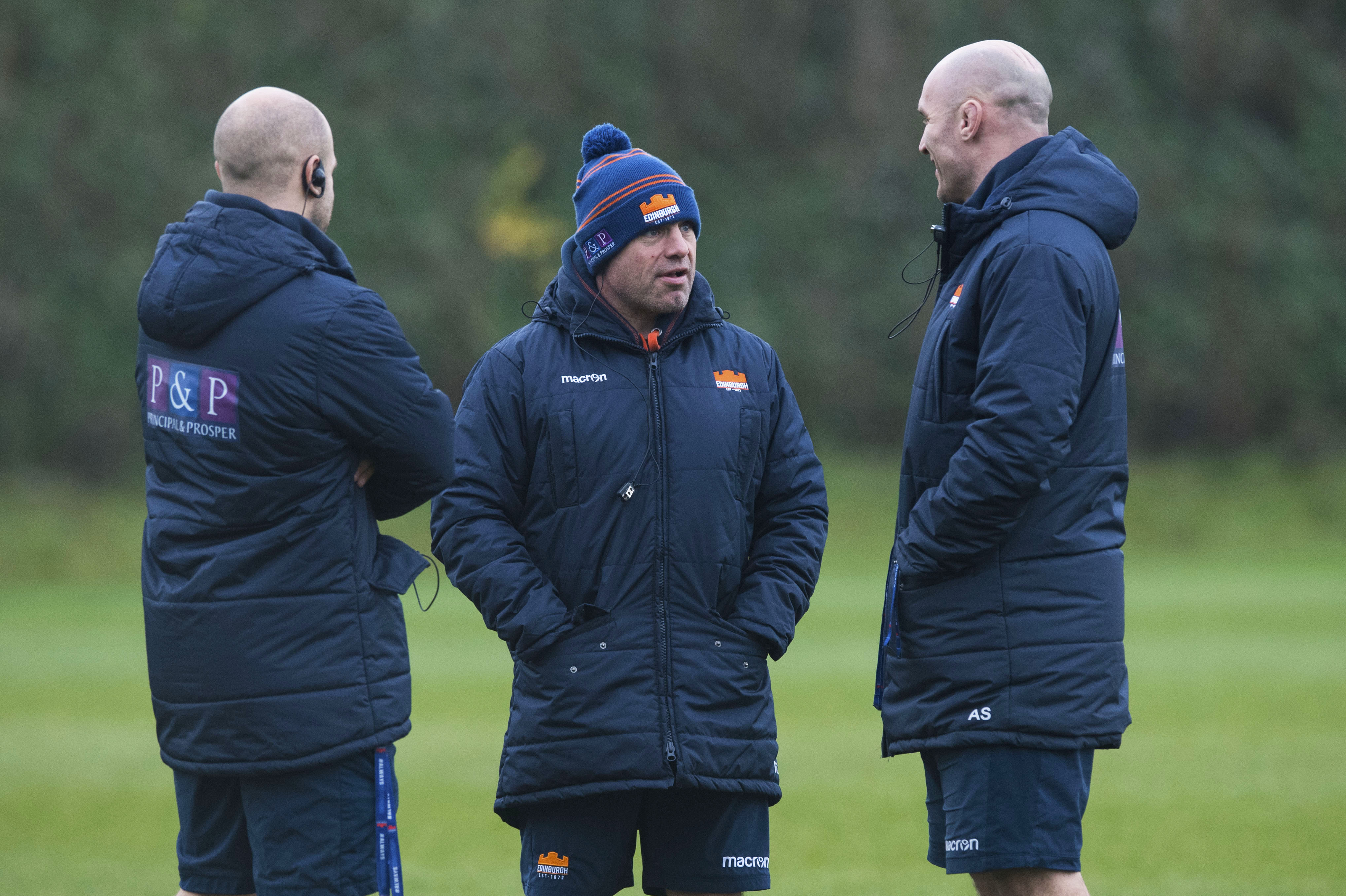 Edinburgh head coach Richard Cockerill (centre) plots Edinburgh's training with assistants Duncan Hodge and Alasdair Strokosch.