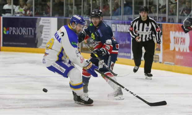 Stars’ Jordan Cownie battles with Fife rival Joe Basaraba.