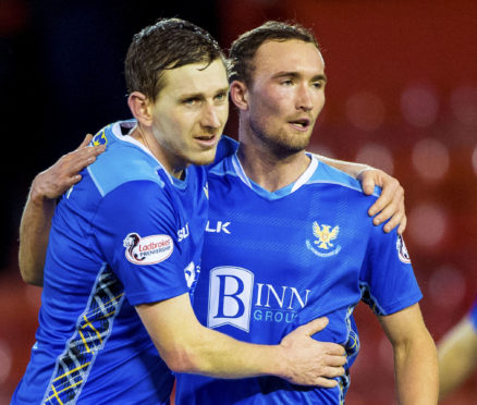 Blair Alston celebrates the Aberdeen win with Chris Kane.