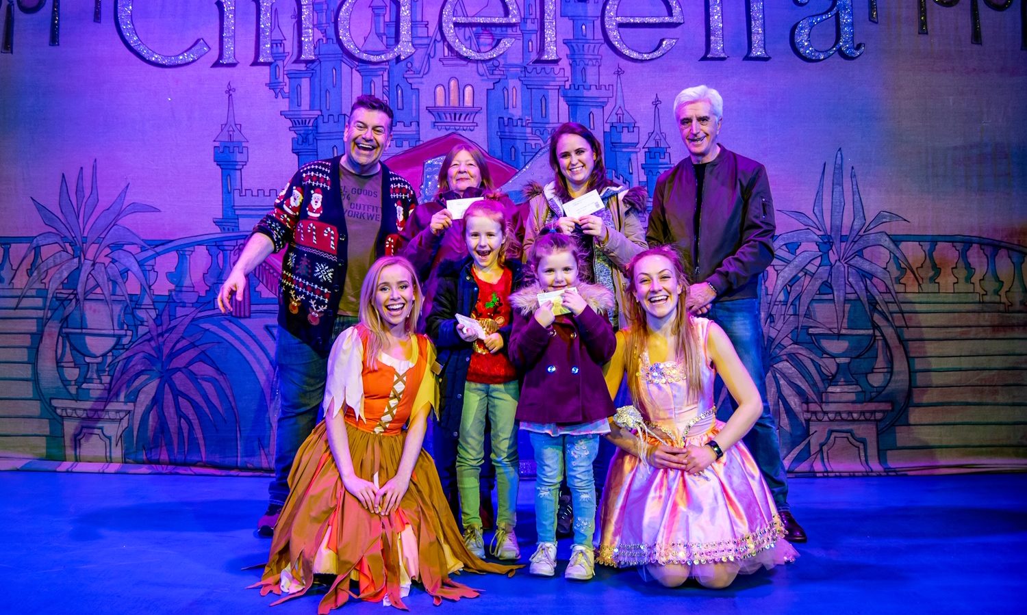 Back row (left to right): Tom Urie (Ugly Sister), Patricia Phinn (Phoenix group), Terrie Bustard
(Parent) and Tony Cochrane (owner of Club Tropicana/Fat Sams). Front row: Jenny Douglas (Cinderella), Lillian Jackson, Page Jackson and Naomi Stirrat (Fairy Godmother).