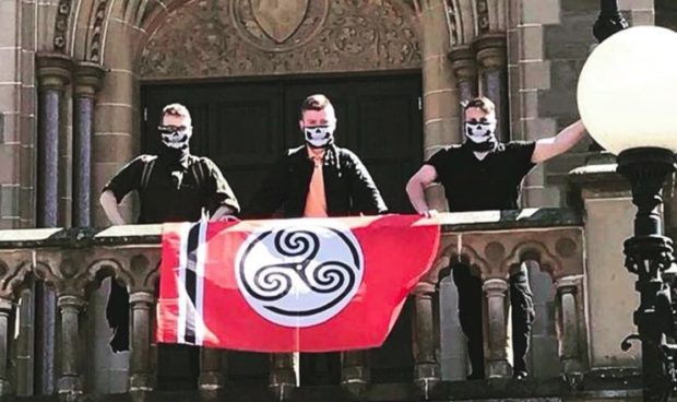 Members of fascist group the Scottish Nationalist Society posing outside McManus Galleries.