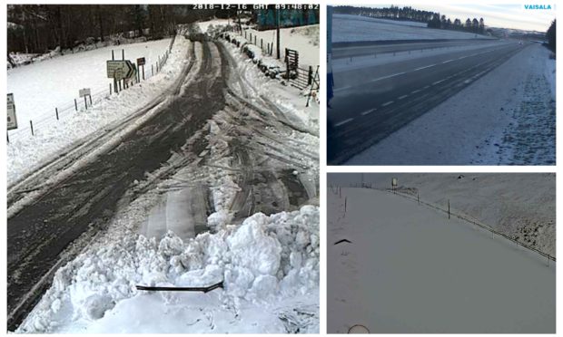 Webcam photos showing the snow in Kinloch Rannoch (left), the A9 at Loaninghead (top right) and the A93 at Glenshee (bottom right).