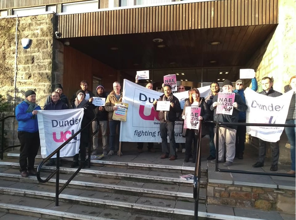 The anti-fascist demonstration outside Dundee University.