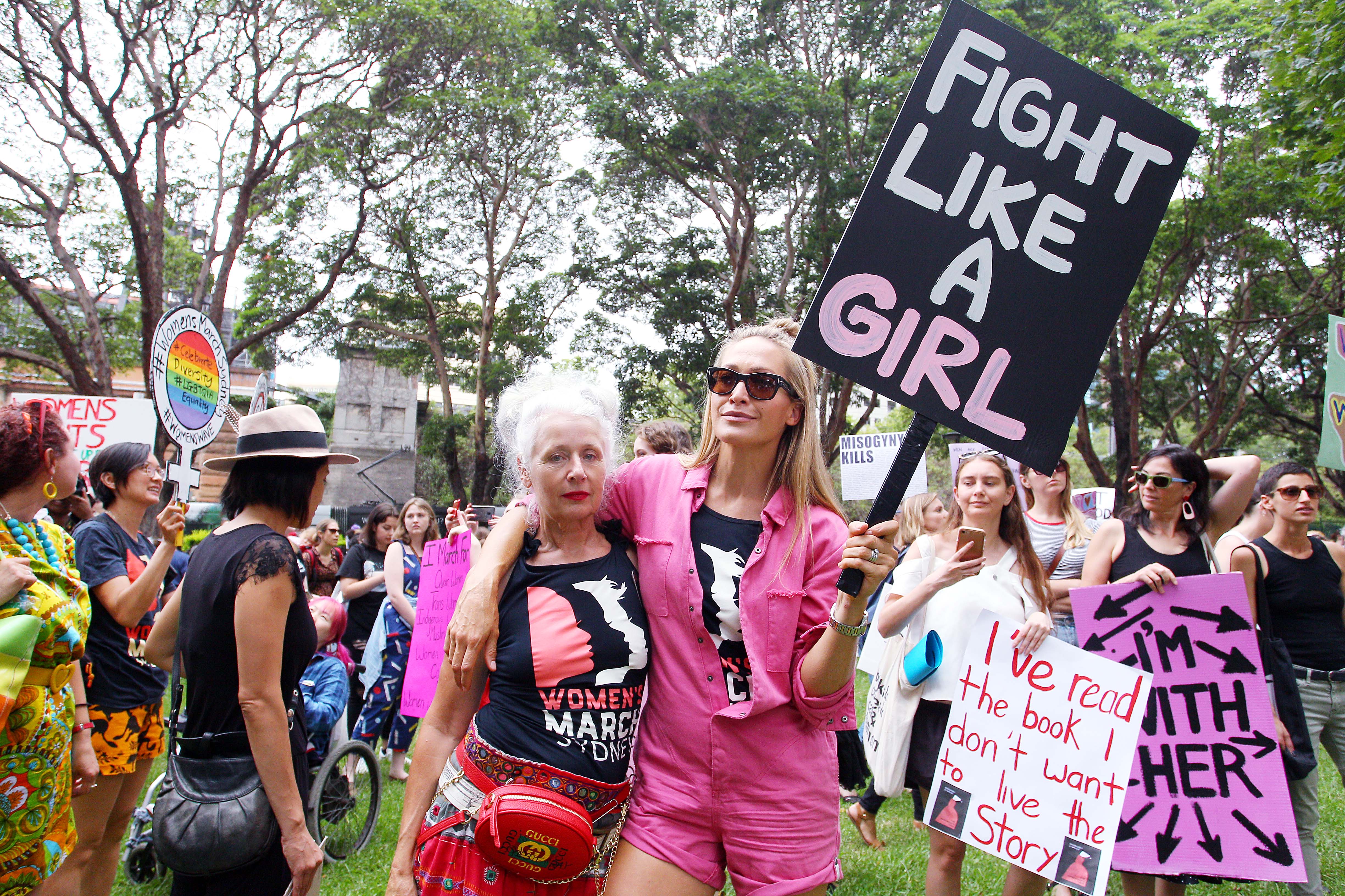 Sarah Jane Adams and Erika Heynatz join the 'Women's Wave' March in Sydney, Australia.