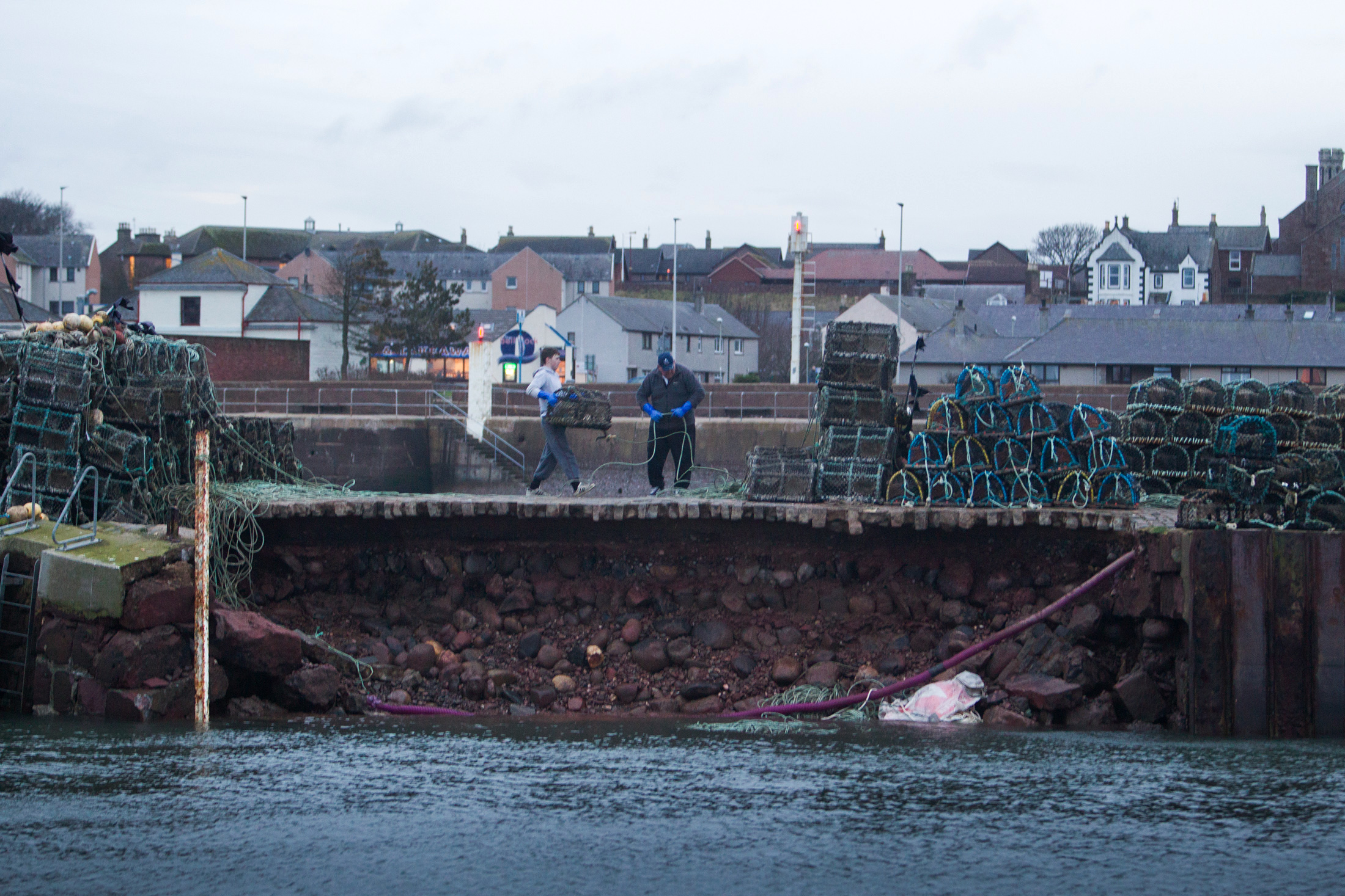 The collapsed section of wall at Arbroath harbour.
