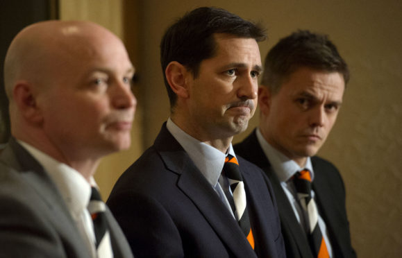 Jackie McNamara (centre) with Stephen Thompson and Simon Donnelly after being announced as the new Dundee Dundee United manager.