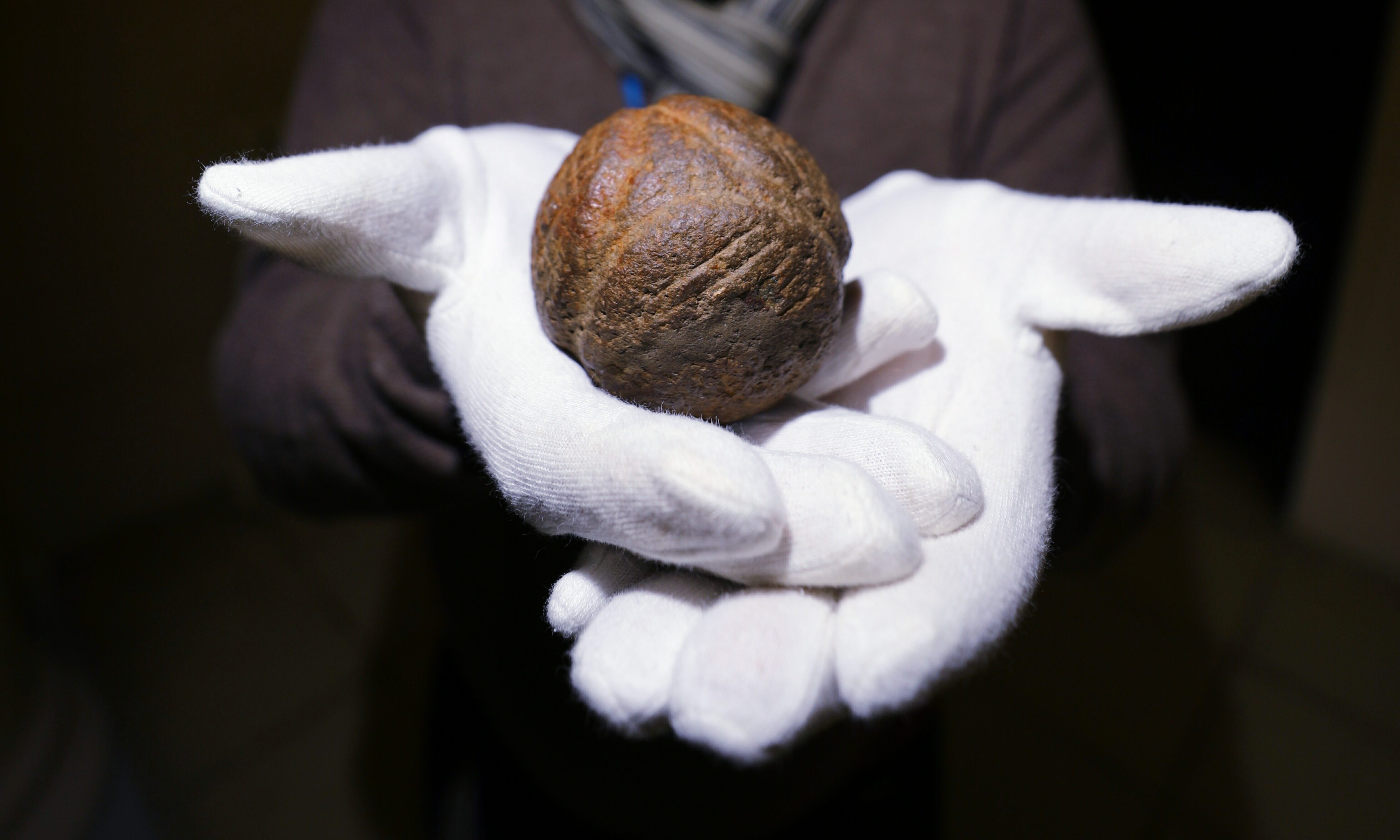 Collections officer Mark Hall with one of the Neolithic carved stone balls.
