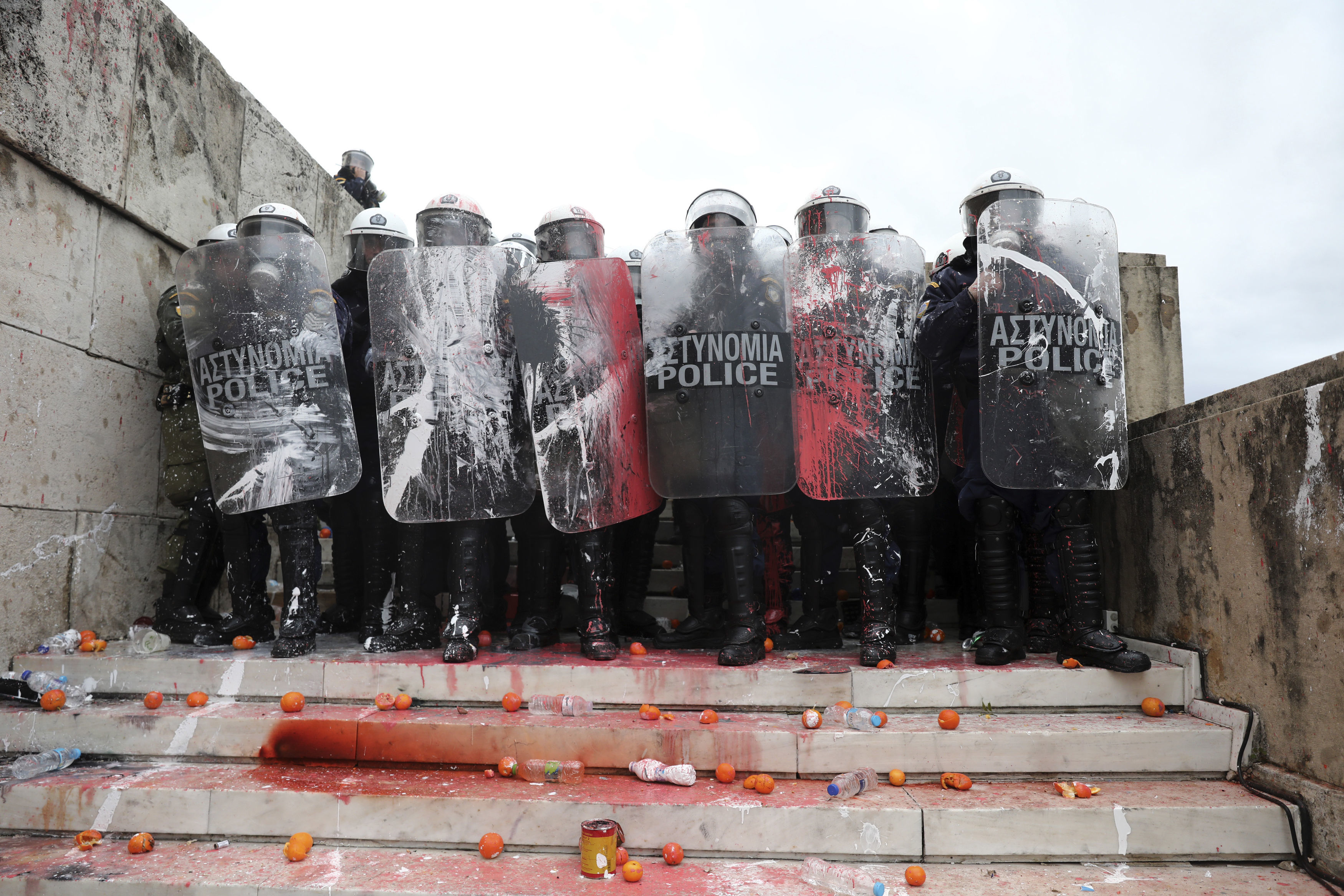 Greek riot police block the stairs leading to parliament during clashes.