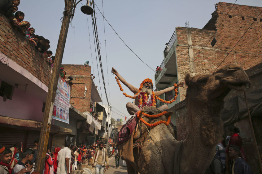 A Naga Sadhu rides a camel in a procession towards the Sangam.