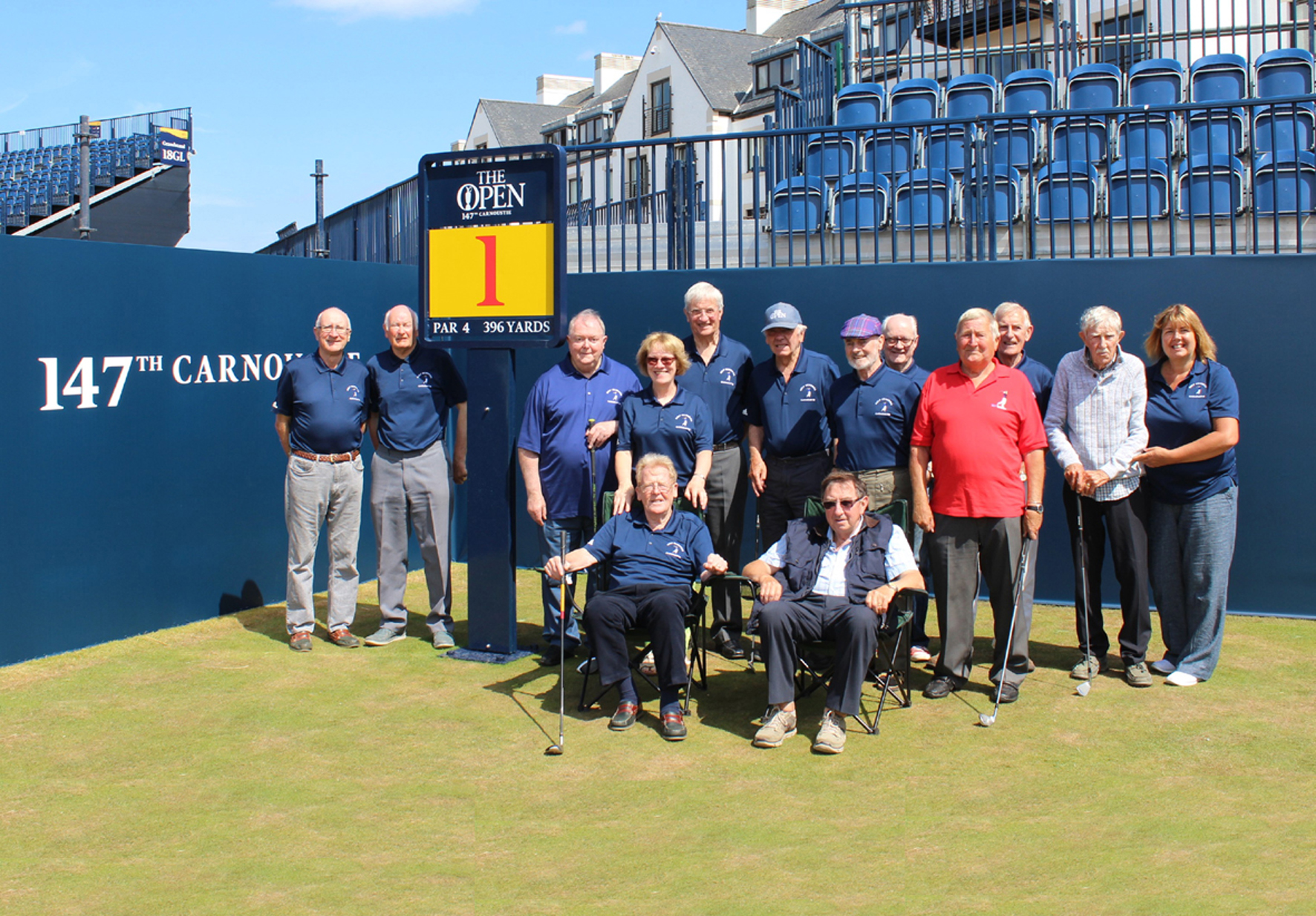 The Golf Memories Carnoustie Group on the 1st tee of the Championship Course ahead of The 147th Open