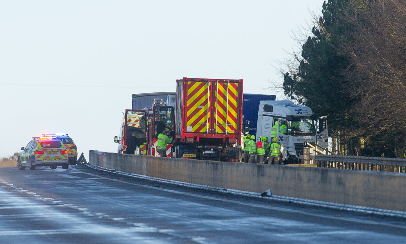 A lorry on the A90 near Brechin following a crash earlier this year.