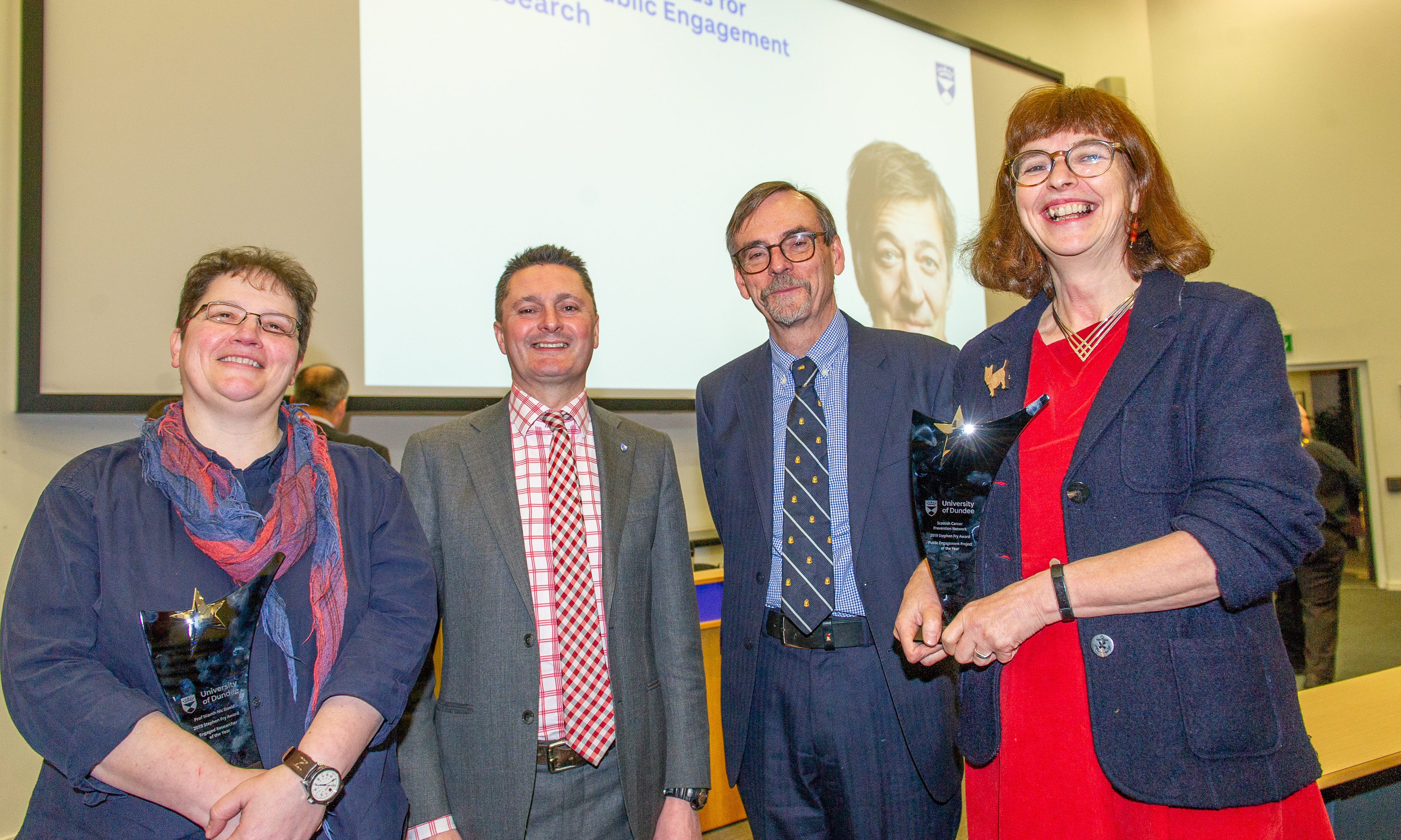 Professor Niamh Nic Daéid (Engaged Researcher of the Year), Professor Andrew Atherton (Principal & Vice-Chancellor Dundee University), Professors Bob Steele and Annie Anderson (Public Engagement Project of the Year), Dundee University, Dalhousie Building, Hawkhill, Dundee.