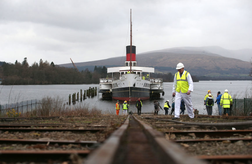 The Maid of the Loch before the craddle carrying the vessel snapped during the 'slipping' of the historic steamer as it was being hauled out the water by the original winchhouse and onto the Balloch Steam Slipway.