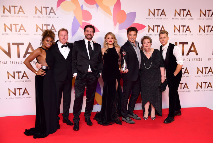 Fleur East, Harry Redknapp, Nick Knowles, Emily Atack, John Barrowman, Anne Hegerty and James McVey with The Bruce Forsyth Entertainment Award for I'm a Celebrity Get Me Out of Here.