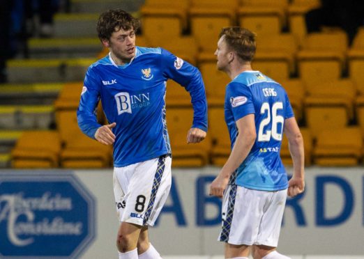 Murray Davidson (left) celebrates his goal with teammate Liam Craig.