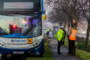 A Stagecoach bus leaves the road on Queensway East carriageway destroying road signs sustaining heavy damage.