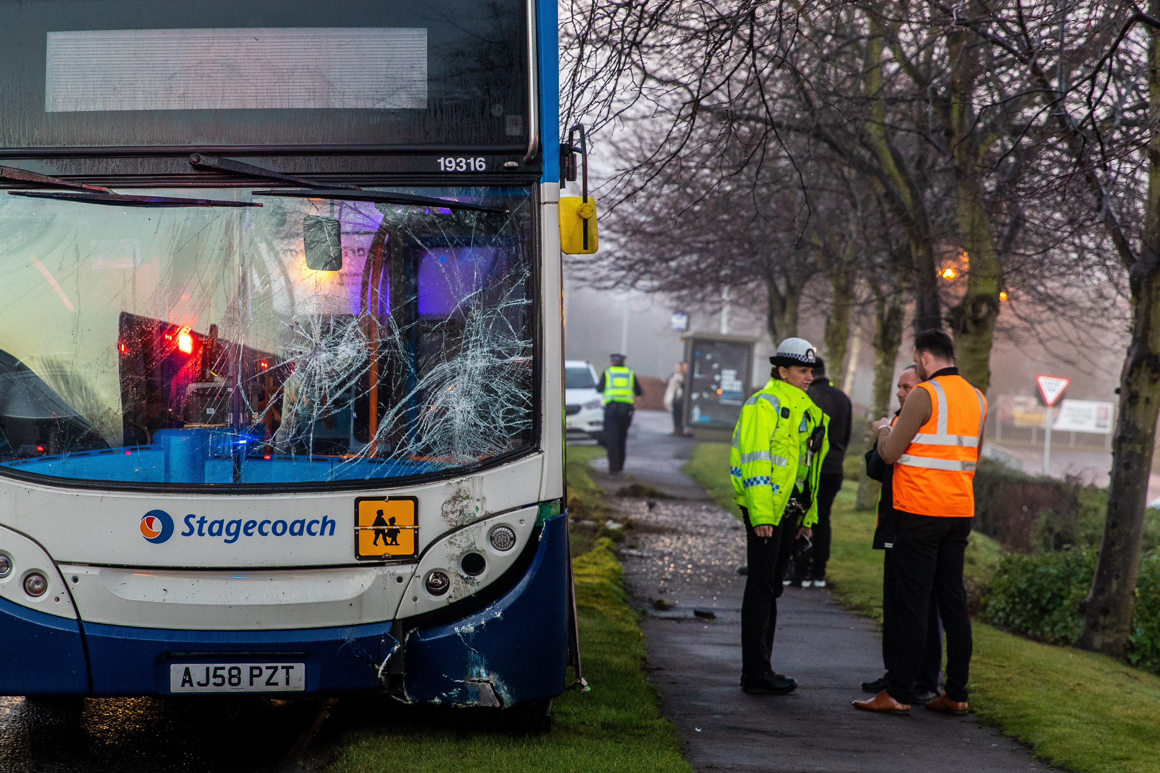 A Stagecoach bus leaves the road on Queensway East carriageway destroying road signs sustaining heavy damage.