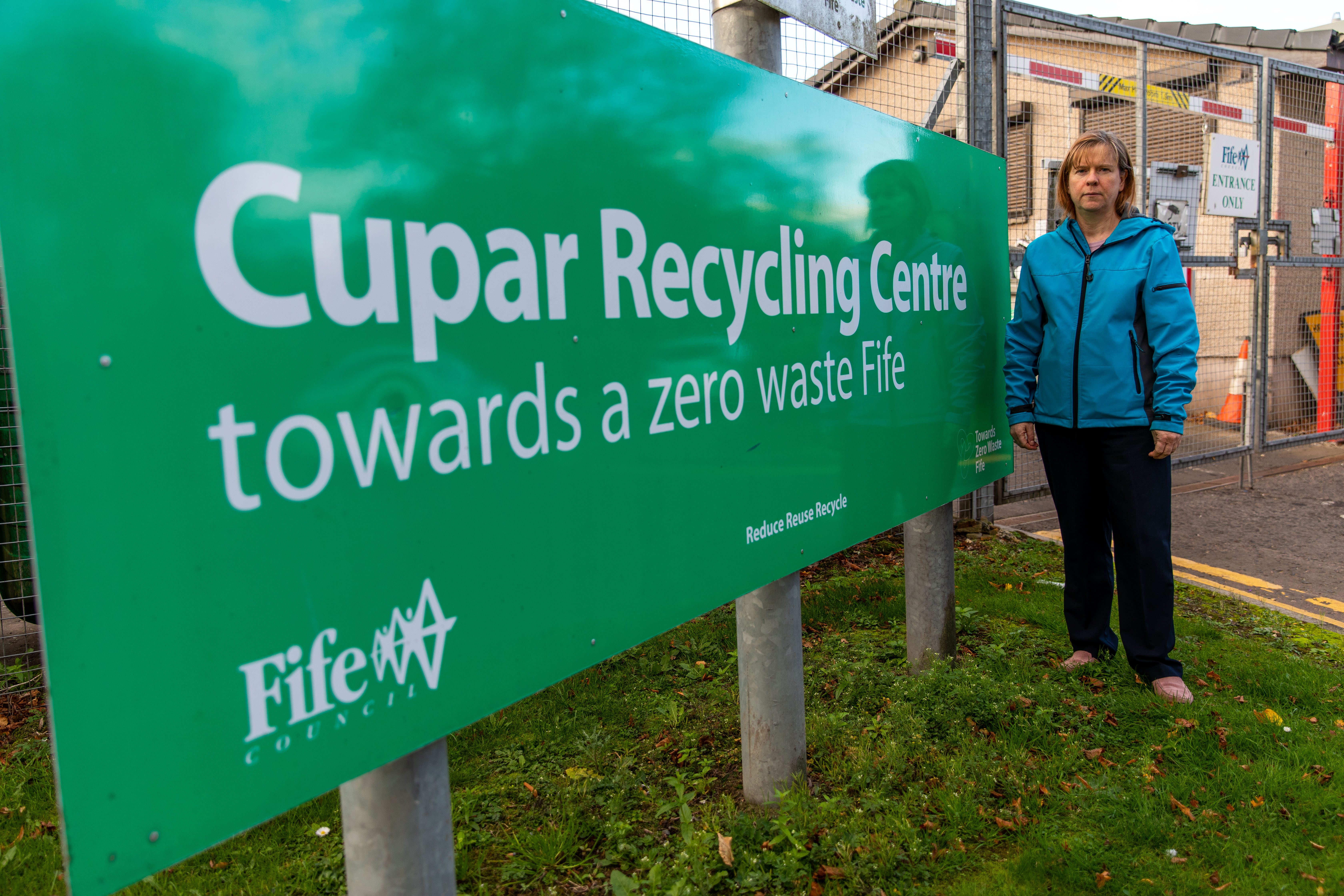 Councillor Margaret Kennedy outside Cupar recycling centre.