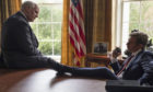 This image released by Annapurna Pictures shows Christian Bale as Dick Cheney, left, and Sam Rockwell as George W. Bush in a scene from "Vice."