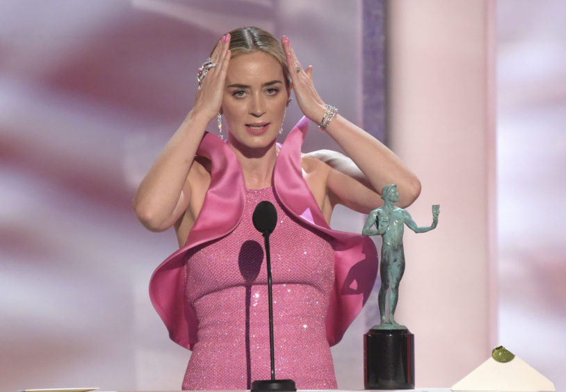 Emily Blunt accepts the award for Outstanding Performance by a Female Actor in a Supporting Role for A Quiet Place.