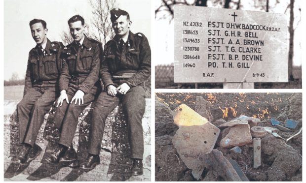 RAF comrades, above from left, Andrew Angus Brown who hailed from Kirriemuir, Harry “Barney” Barnard, and David “Dave” Badcock from New Zealand. Also pictured: a marker erected to the dead air crew and the crash site uncovered near the city of Ludwigshafen.