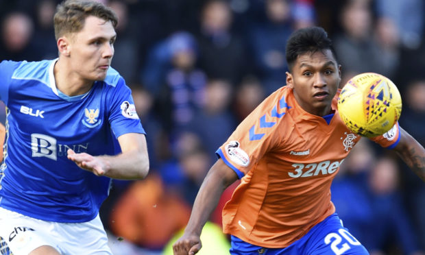 Alfredo Morelos, right, in action against Saints' Jason Kerr.