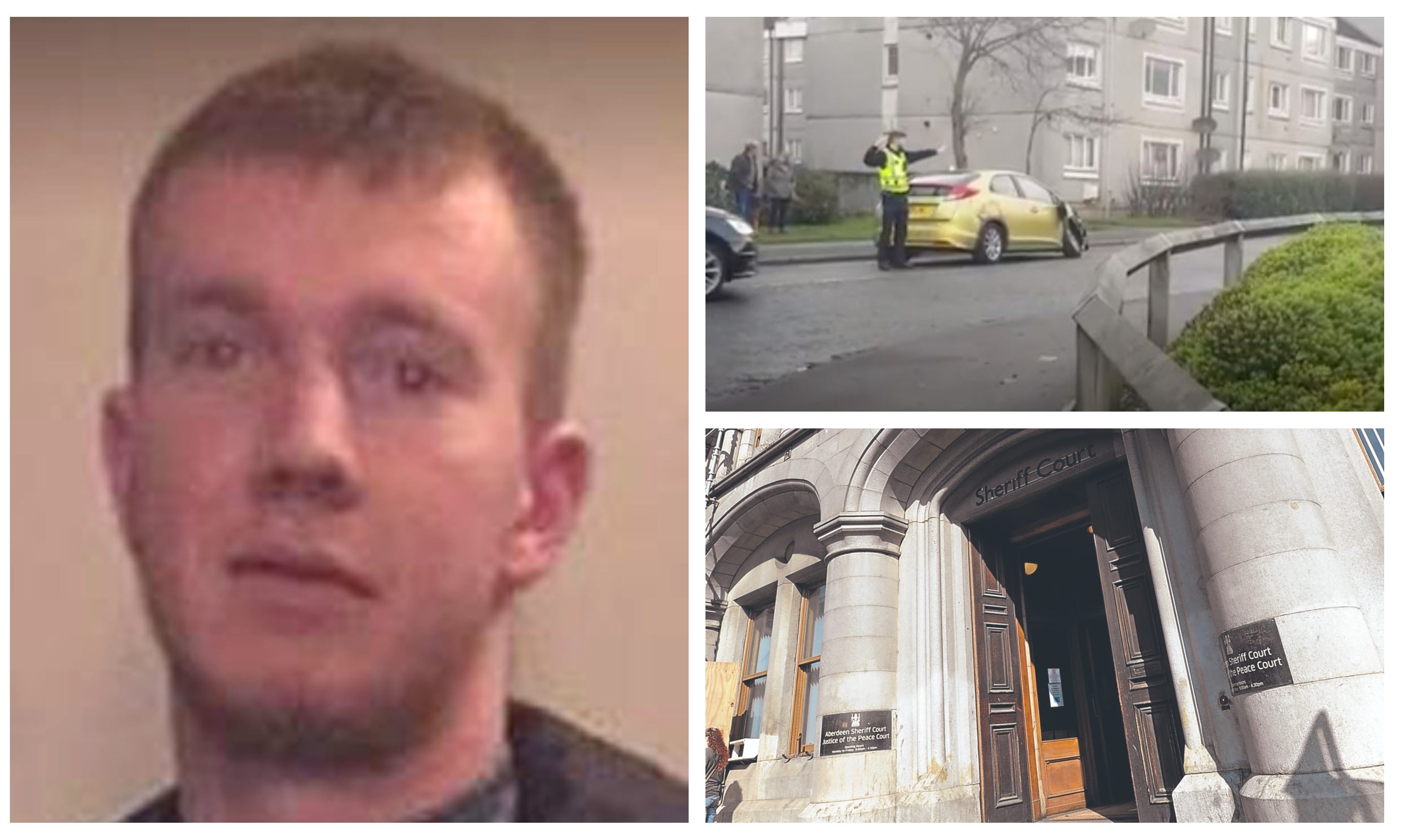 Jed Duncan, one of the cars he is said to have crashed into and Aberdeen Sheriff Court.
