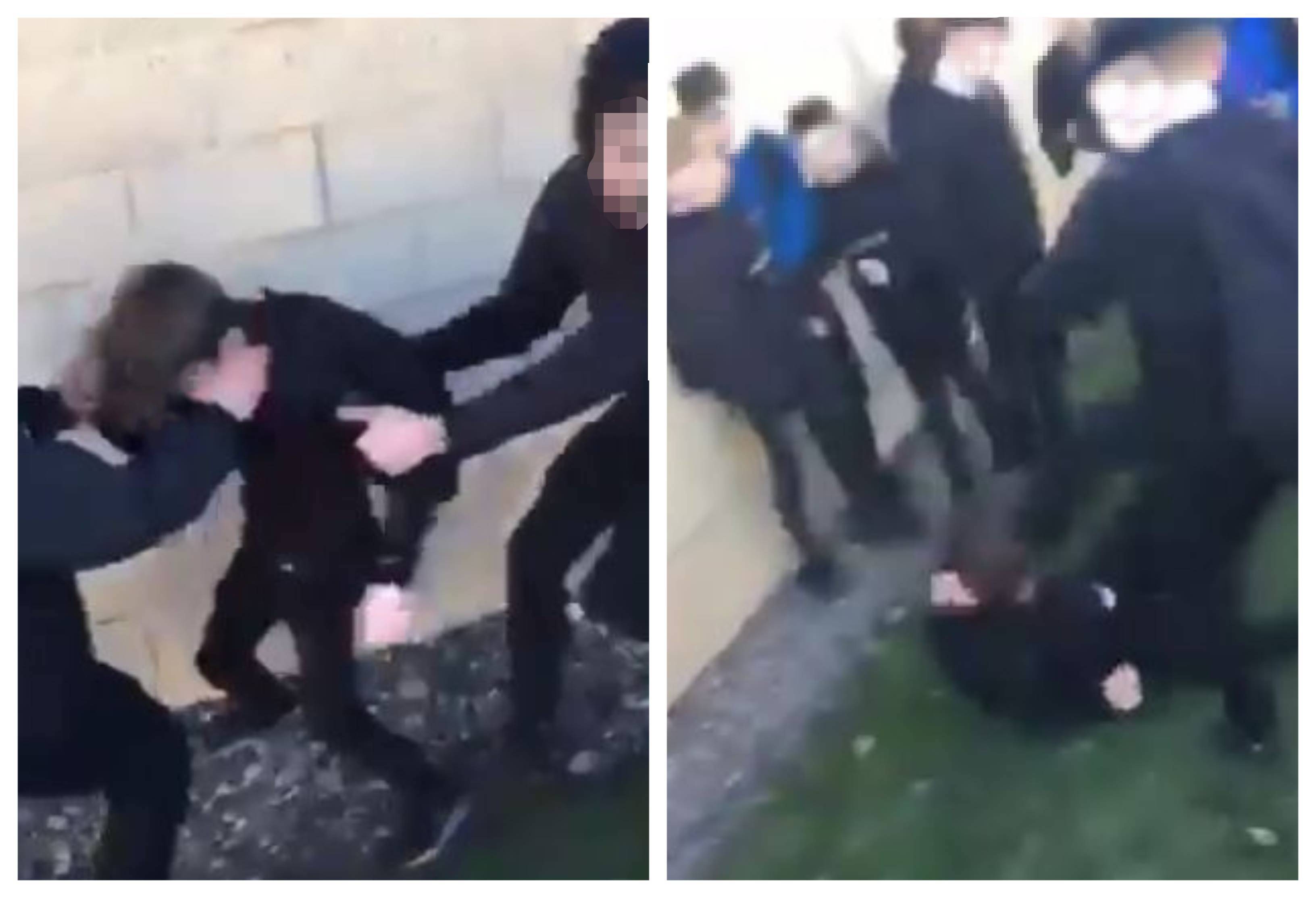 Left: The boy is wrestled to the ground. Right: A pupil kicks the boy in the face as he is defenceless on the ground.