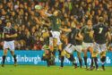 EDINBURGH, SCOTLAND - NOVEMBER 20: Patrick Lambie of South Africa competes for the high ball during the international match between South Africa and Scotland at Murrayfield Stadium on November 20, 2010 in Edinburgh, Scotland.  (Photo by Duif du Toit/Gallo Images/Getty Images)