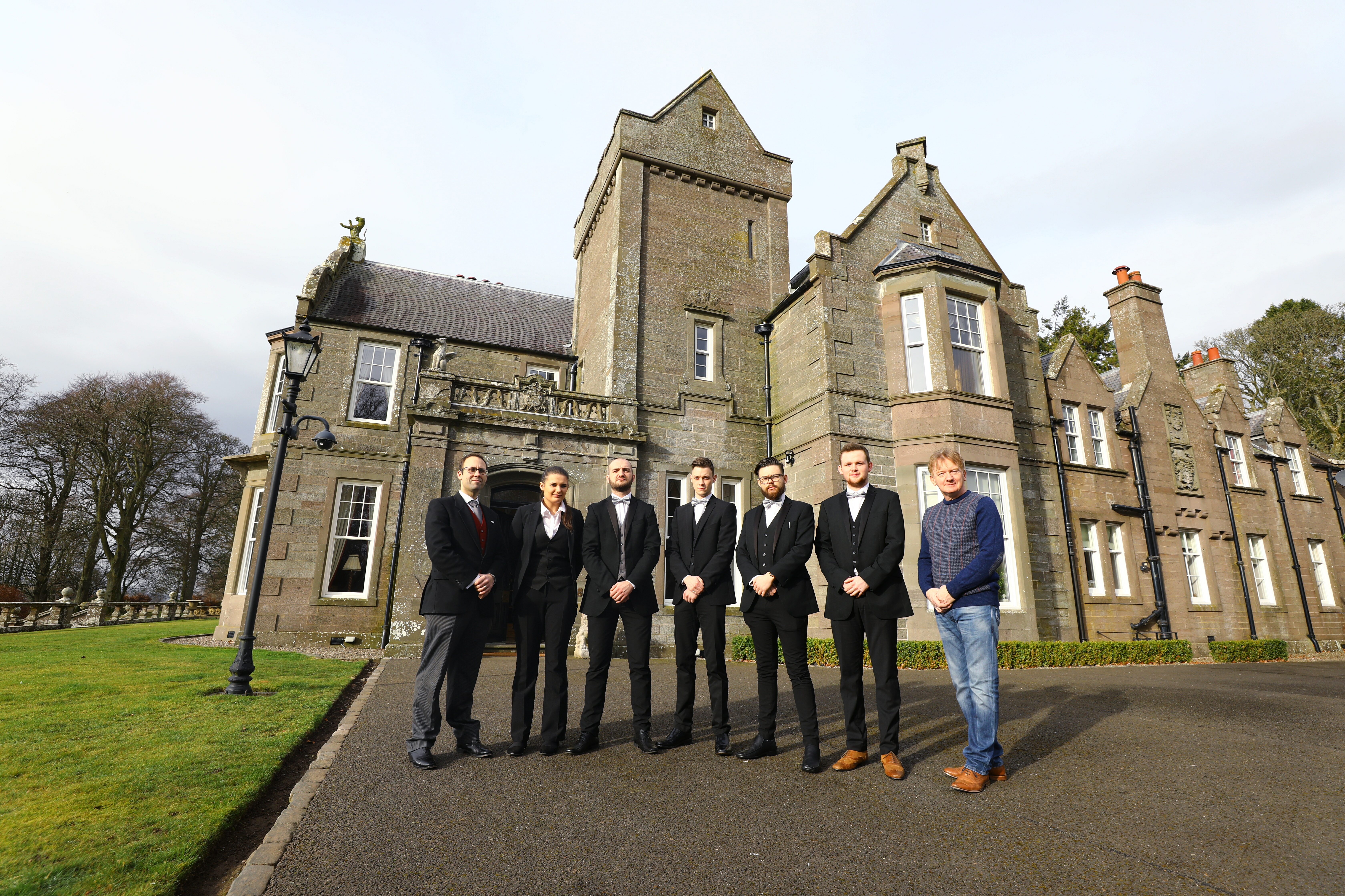 Picture shows; L/R, Butler teacher Simeon Rosset with trainee butlers, Heather Smith, Joe Szula, Ryan Hayes, Steven Whyte, Jude Swan and Alastair Warwick-Nelson - Chief Executive European Etiquette Academy, at Turin Castle near Forfar