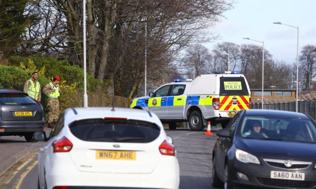 The road block in place after the grenade was handed into Leuchars Station.