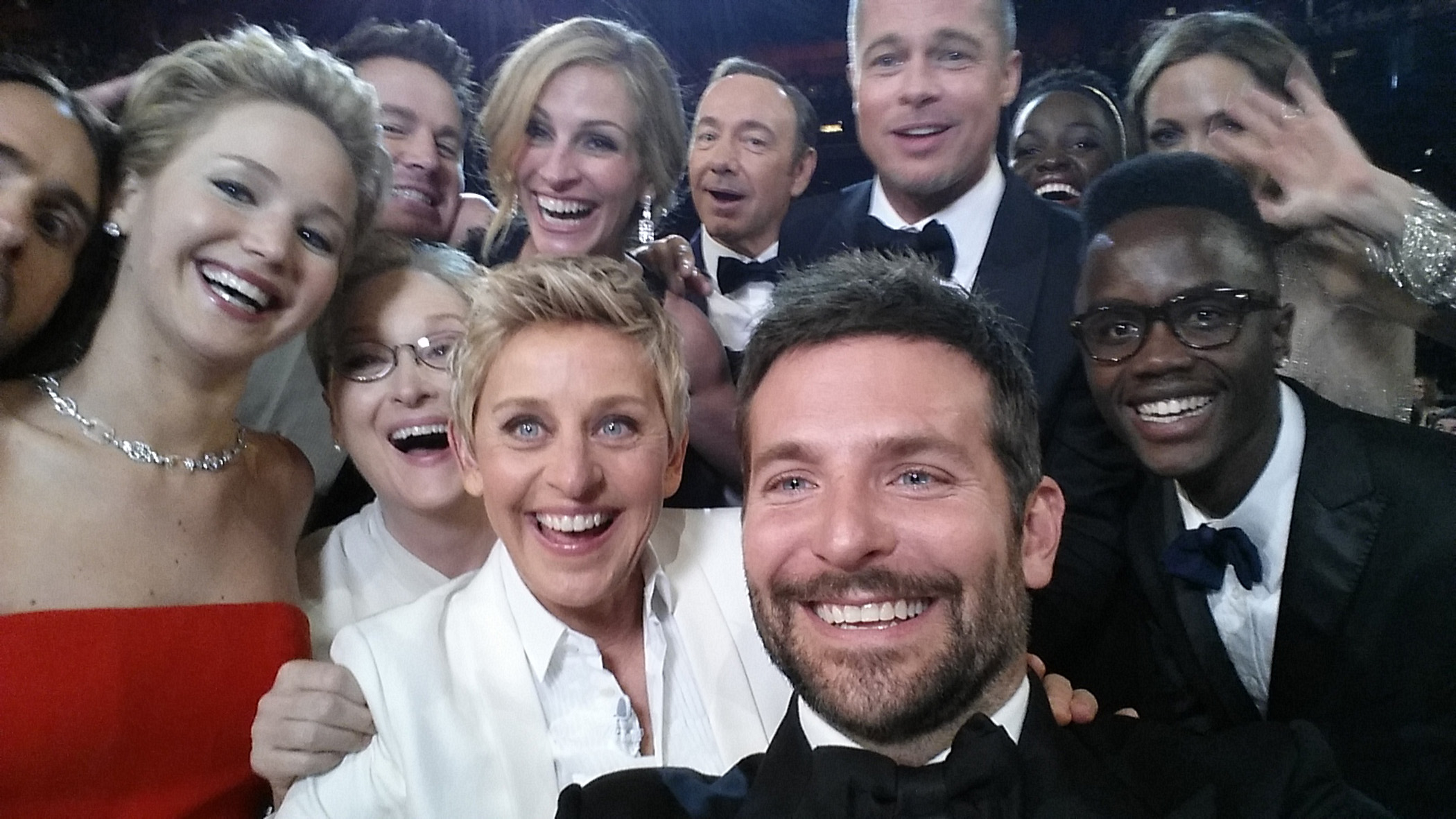 The iconic Oscars selfie from the 2014 ceremony features Ellen DeGeneres, Bradley Cooper, Jared Leto, Jennifer Lawrence, Channing Tatum, Meryl Streep, Julia Roberts, Kevin Spacey, Brad Pitt, Lupita Nyong'o, Angelina Jolie, Peter Nyong'o Jr. and Bradley Cooper.