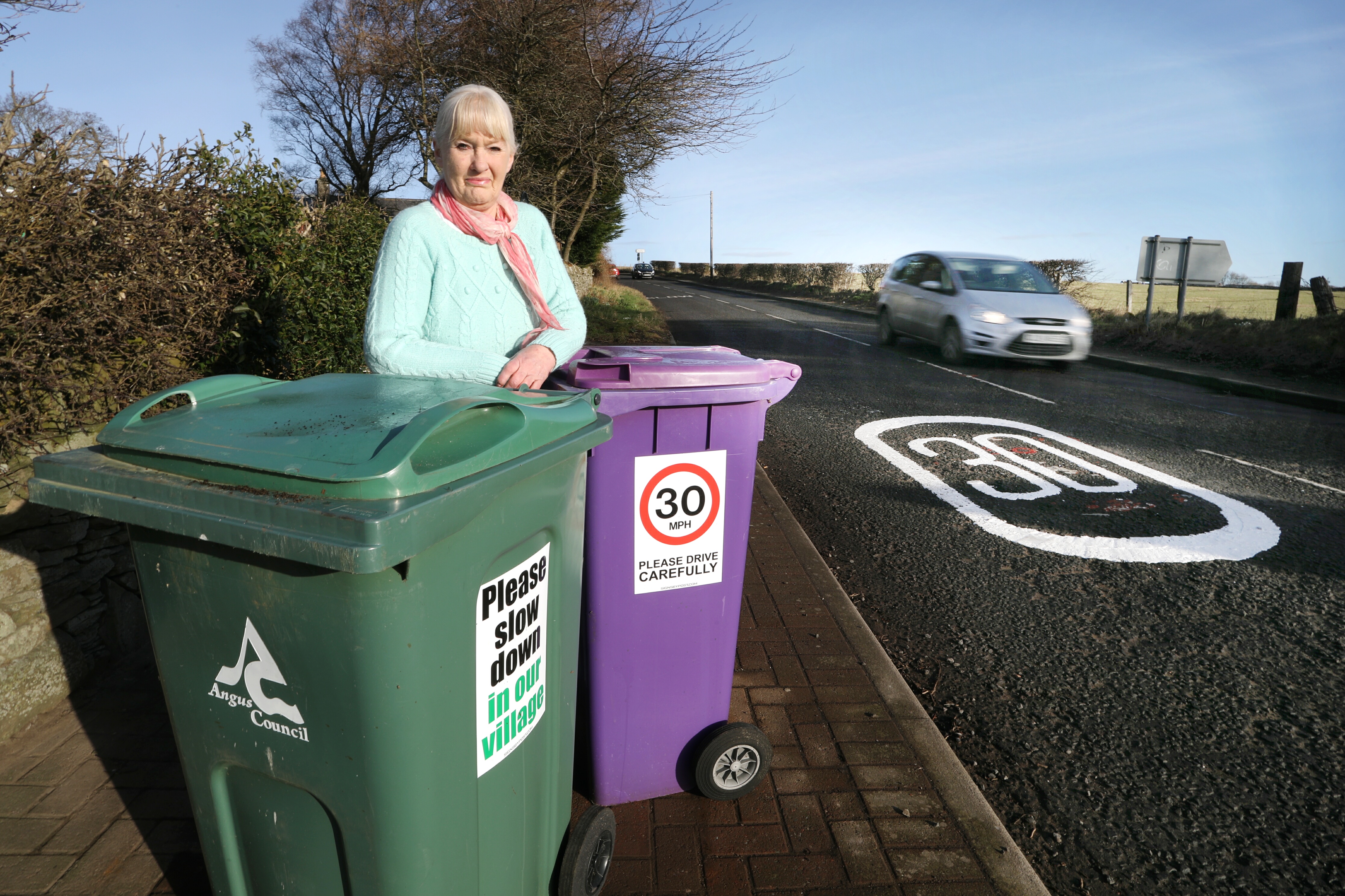 Mrs Mauran next to her 'slow down' wheelie bin signs