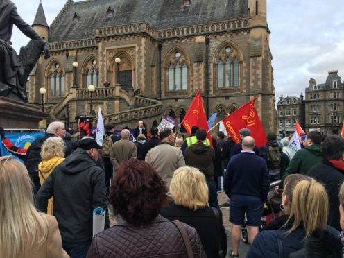 Stuart Fairweather addressing the crowd in Albert Square.