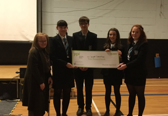Monifieth High youngsters Sarah Geekie, Jay Revill, Holly Birtwistle and Daisy Todd with a representative of Insight