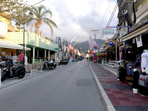 The main strip in Malia, Crete.