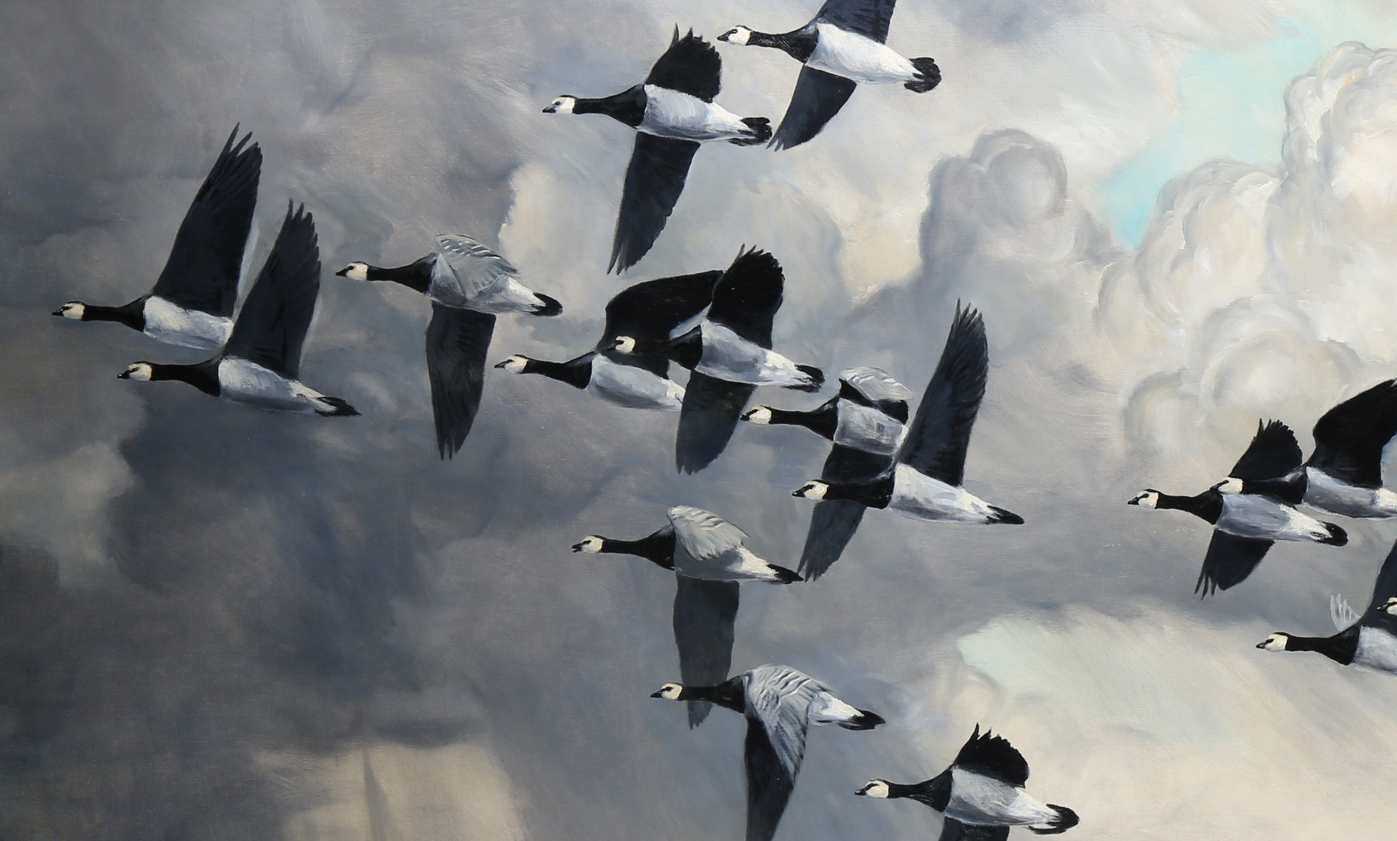 A detail from Sir Peter Markham Scott Barnacle's Geese Against a Stormy Sky