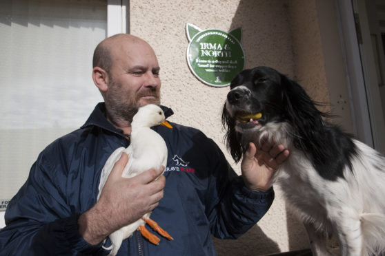 Paul Wilkie with North the duck and Irma