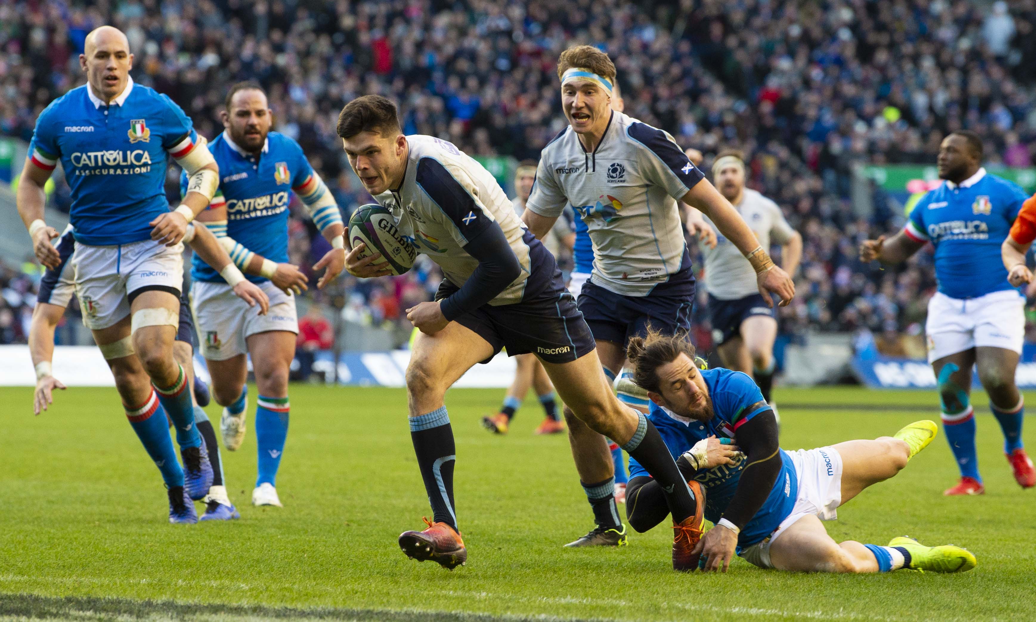 Blair Kinghorn scores against Italy last year. Scotland have beaten the Italians seven times in a row.