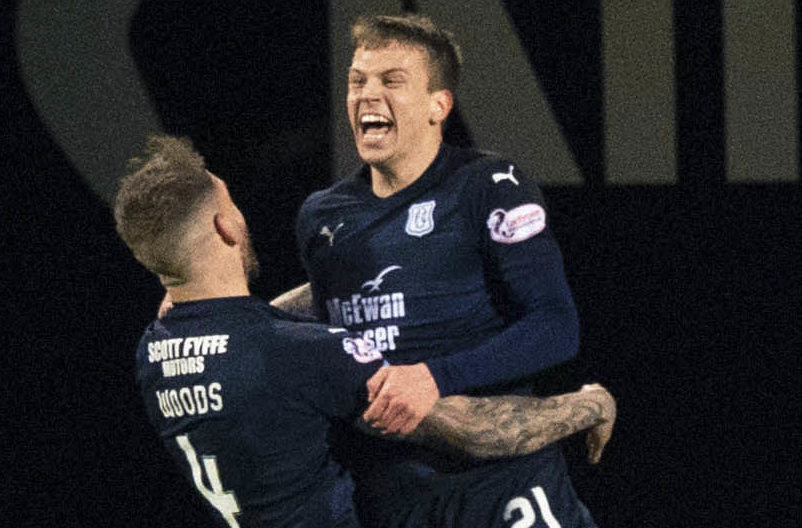 Andrew Nelson celebrates opening the scoring against Kilmarnock with team-mate Martin Woods.