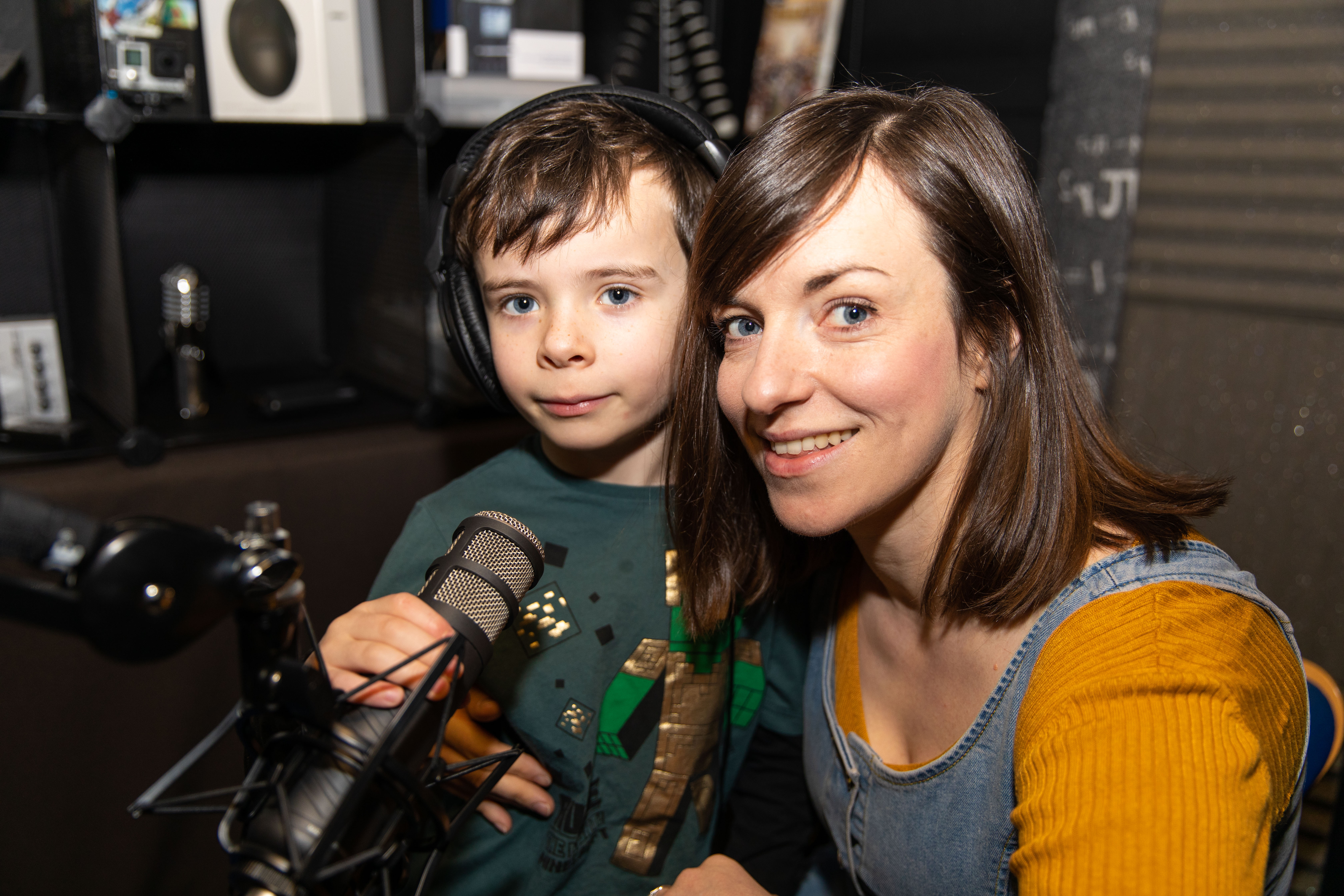 Dr Kate Arrow and son Alasdair Gray,6, at the recording of the podcast for child patients to share their experiences